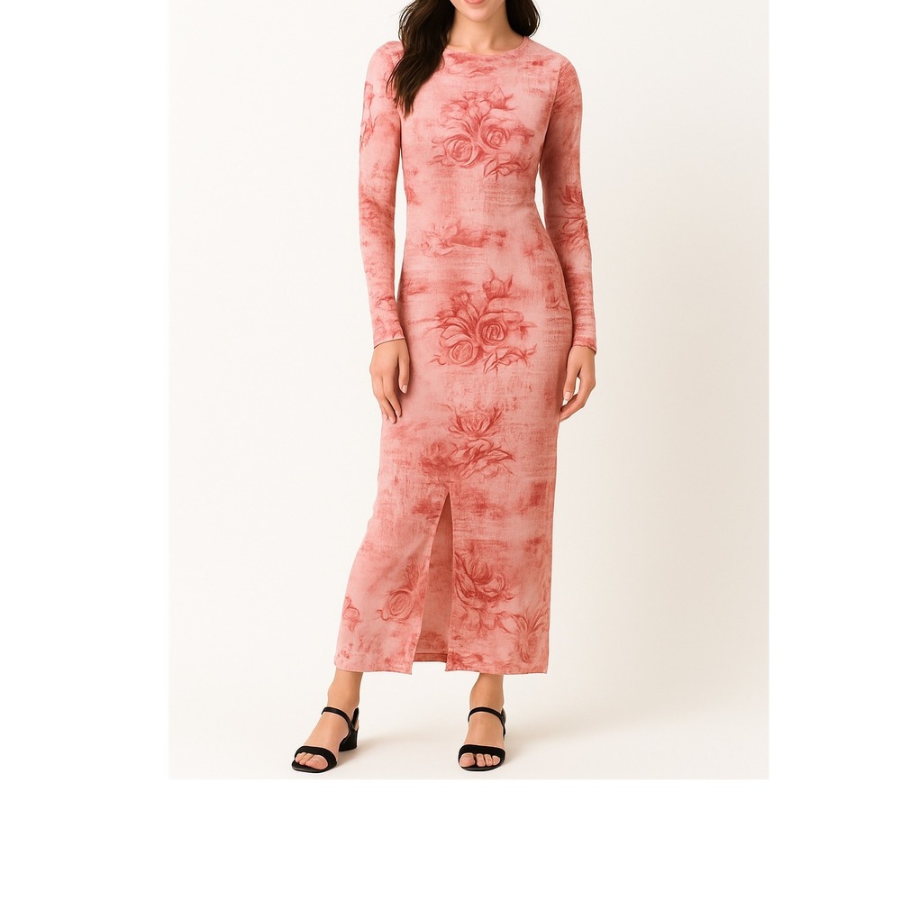 Women's Pink Floral Maxi Dress Size 6 Long Sleeve Ruched Bodycon Style Shein Bae